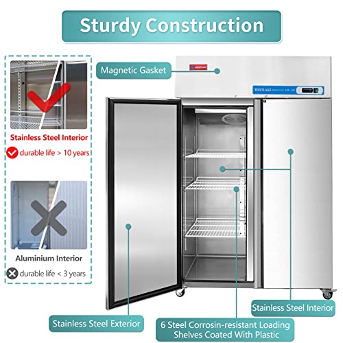 WESTLAKE Commercial Refrigerator 48" 2-Door 36 Cu.ft Stainless Steel | Cubigel NSF ETL Reach-In for Restaurant