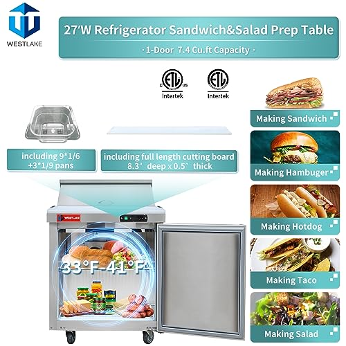 WESTLAKE Commercial Prep Table 27" 1-Door 12-Pan Mega Top Stainless Steel | Embraco ETL DOE Sandwich Salad Refrigerator