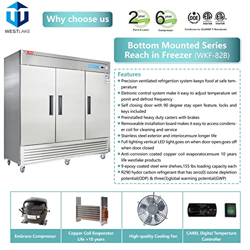WESTLAKE Commercial Freezer 82" 3-Door 72 Cu.ft Stainless Steel | Embraco Energy Star ETL DOE Reach-In for Restaurant