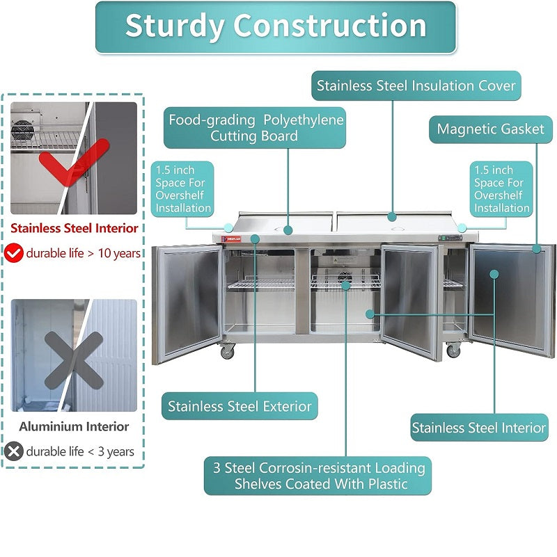 WESTLAKE Commercial Prep Table 72" 3-Door 20 Cu.ft Stainless Steel | Cubigel ETL Sandwich Salad Refrigerator for Restaurant
