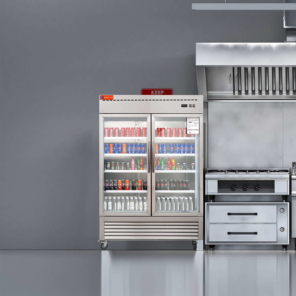 WESTLAKE Commercial Refrigerator Merchandiser 48" 2-Glass Door 49 Cu.ft Stainless Steel | R290 Embraco ETL NSF Reach-In for Restaurant