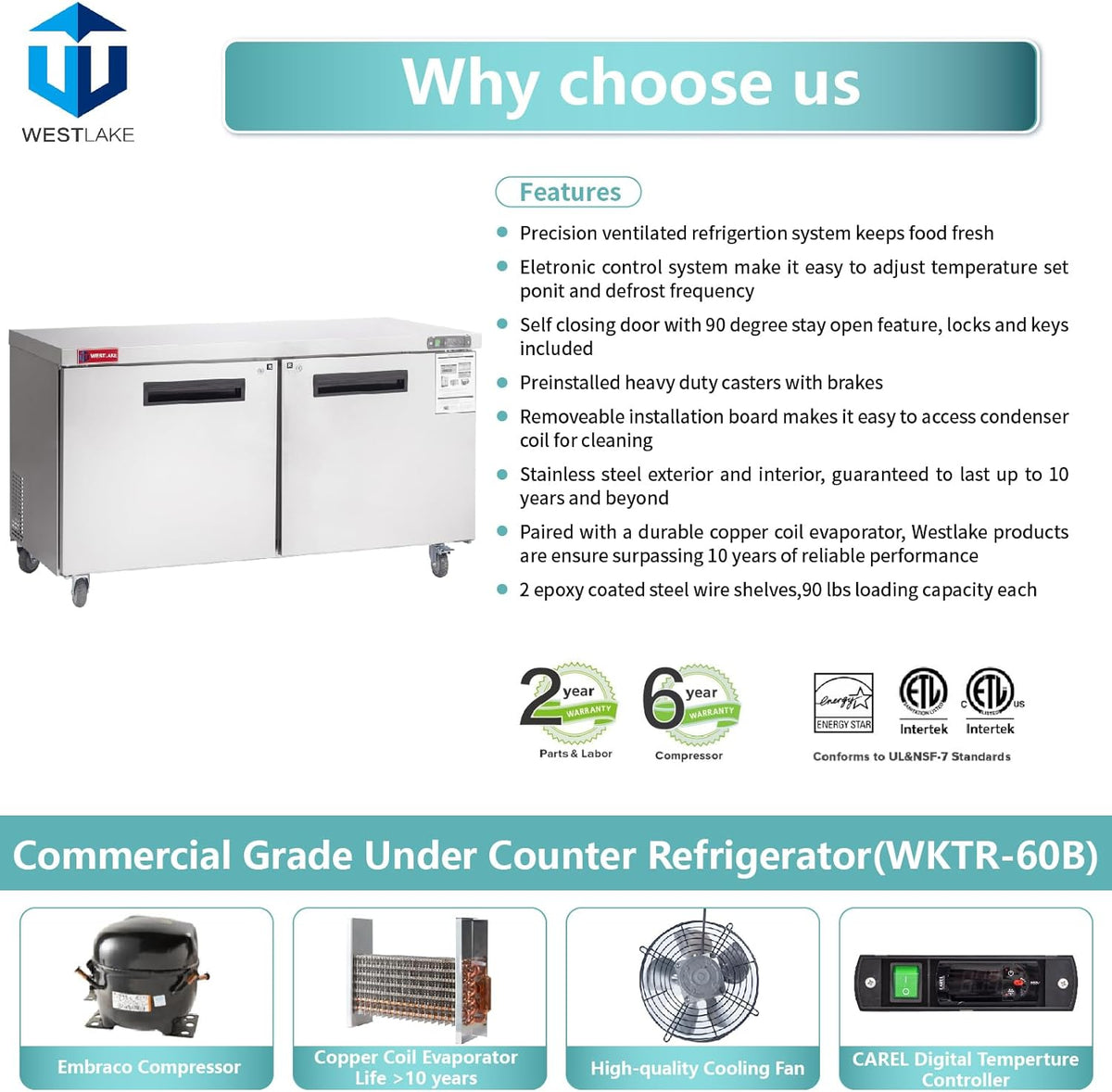 WESTLAKE Commercial Undercounter Refrigerator 60" 2-Door 14.8 Cu.ft Stainless Steel | R290 Worktop Lowboy Cooler for Restaurant
