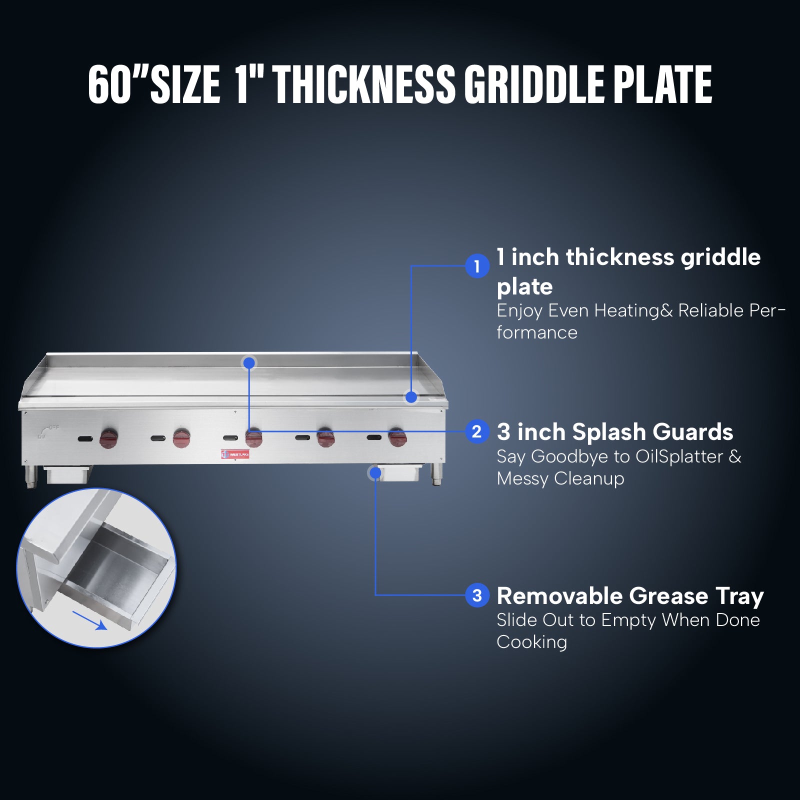WESTLAKE Commercial Gas Griddle 60" 5-Burner 150,000 BTU Stainless Steel | Countertop Plate Grill for Restaurant