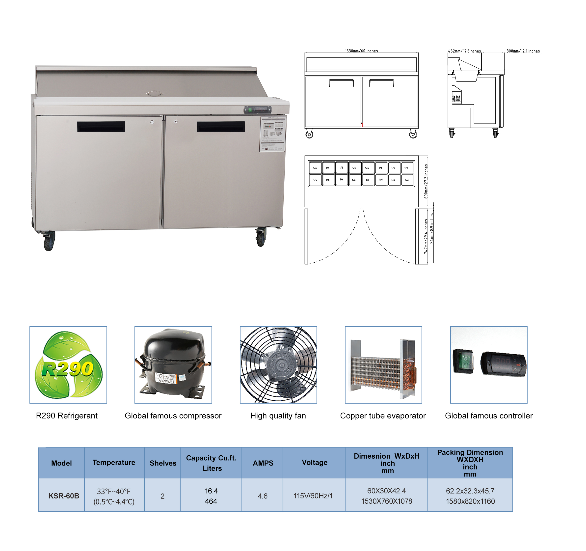 WESTLAKE Commercial Prep Table 60" 2-Door Stainless Steel | Embraco ETL Sandwich Salad Refrigerator for Restaurant