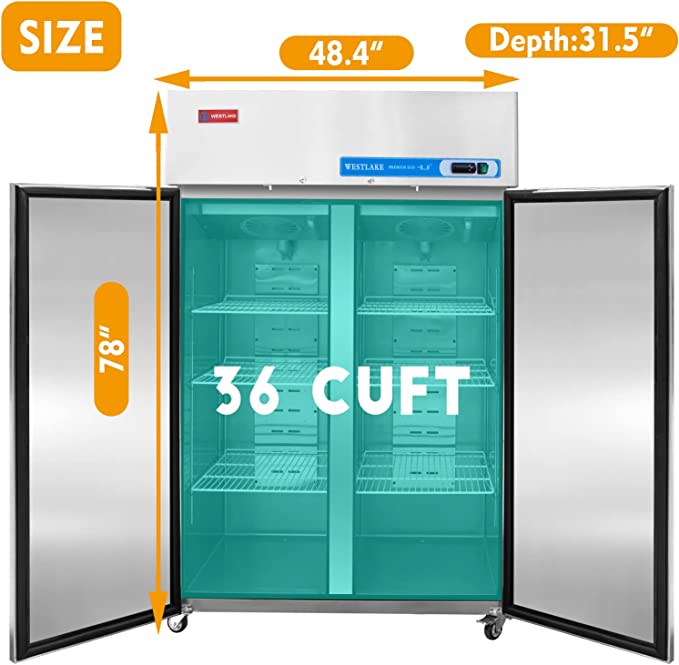 WESTLAKE Commercial Freezer 48" 2-Door 36 Cu.ft Stainless Steel | Cubigel ETL DOE Reach-In for Restaurant