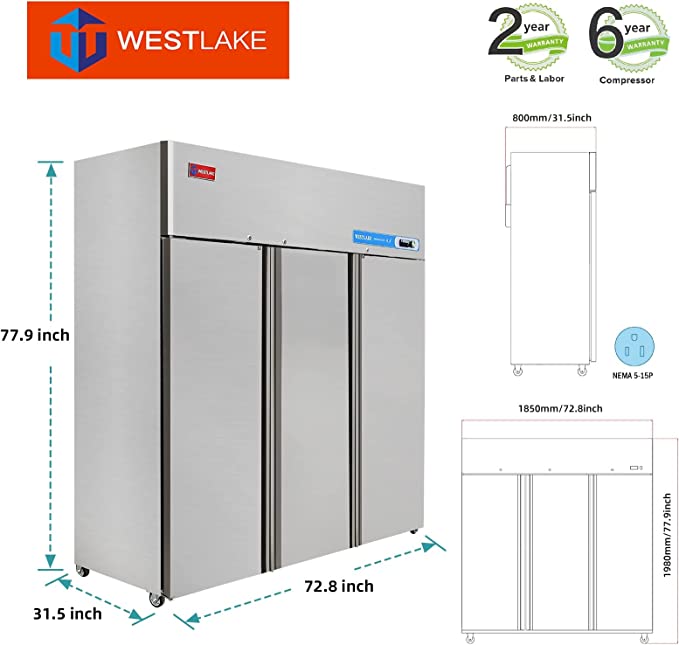 WESTLAKE Commercial Freezer 72" 3-Door 54 Cu.ft Stainless Steel | Embraco ETL DOE Reach-In for Restaurant
