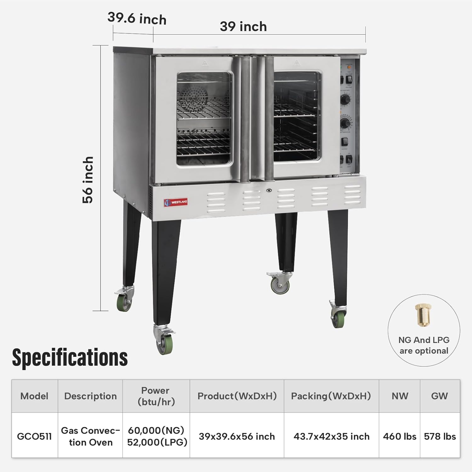 WESTLAKE Commercial Gas Convection Oven 39" Single Deck Full Size 60, 000 BTU Stainless Steel | ETL Certified for Restaurant