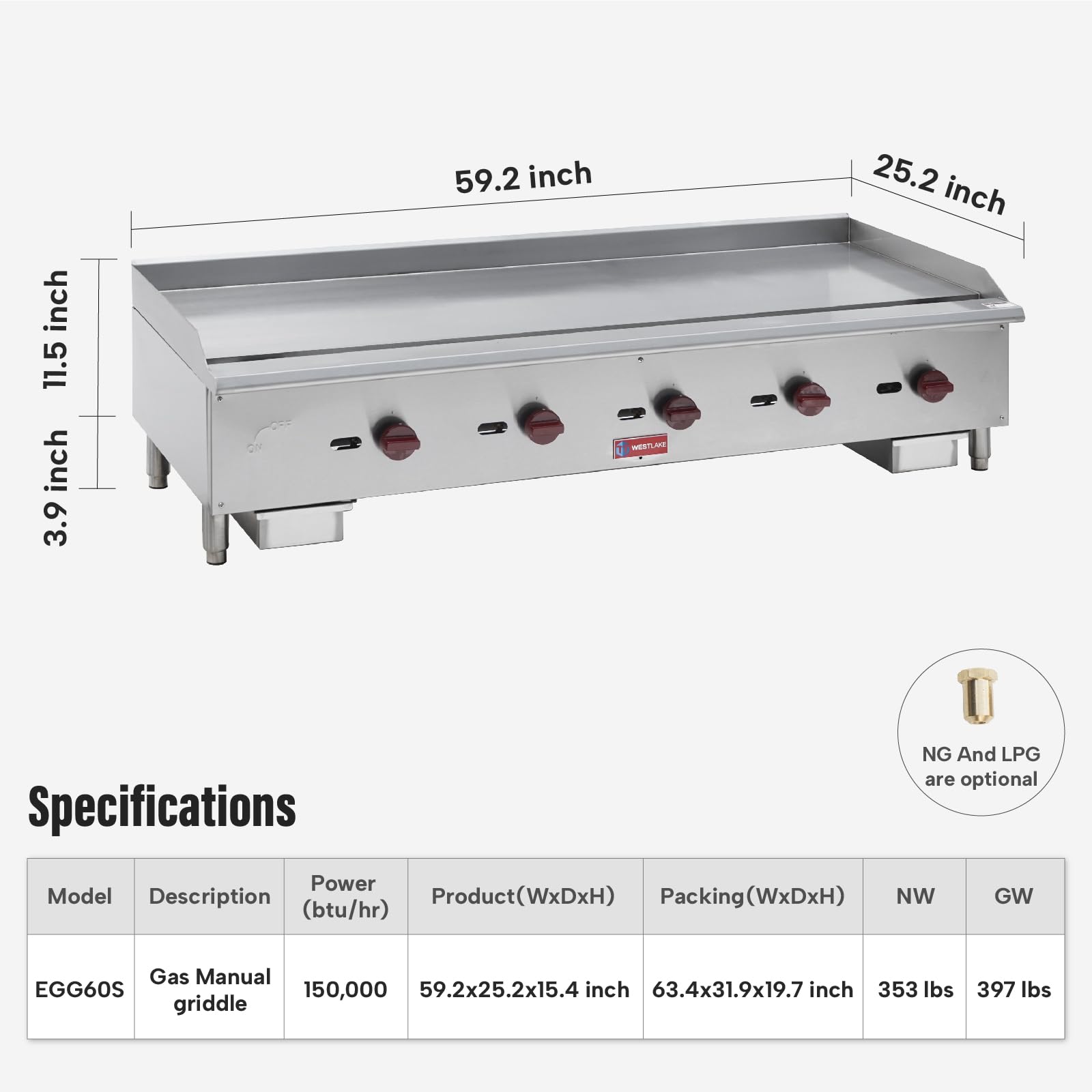 WESTLAKE Commercial Gas Griddle 60" 5-Burner 150,000 BTU Stainless Steel | Countertop Plate Grill for Restaurant