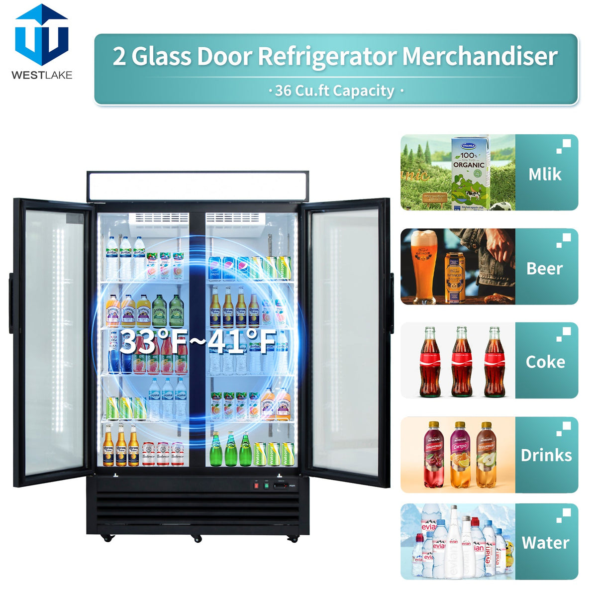 WESTLAKE Commercial Refrigerator Merchandiser 48" 2-Glass Door 36 Cu.ft Stainless Steel | Cubigel Display Cooler Reach-In for Restaurant