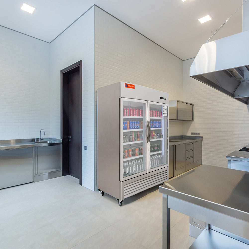 WESTLAKE Commercial Refrigerator Merchandiser 48" 2-Glass Door 49 Cu.ft Stainless Steel | R290 Embraco ETL NSF Reach-In for Restaurant