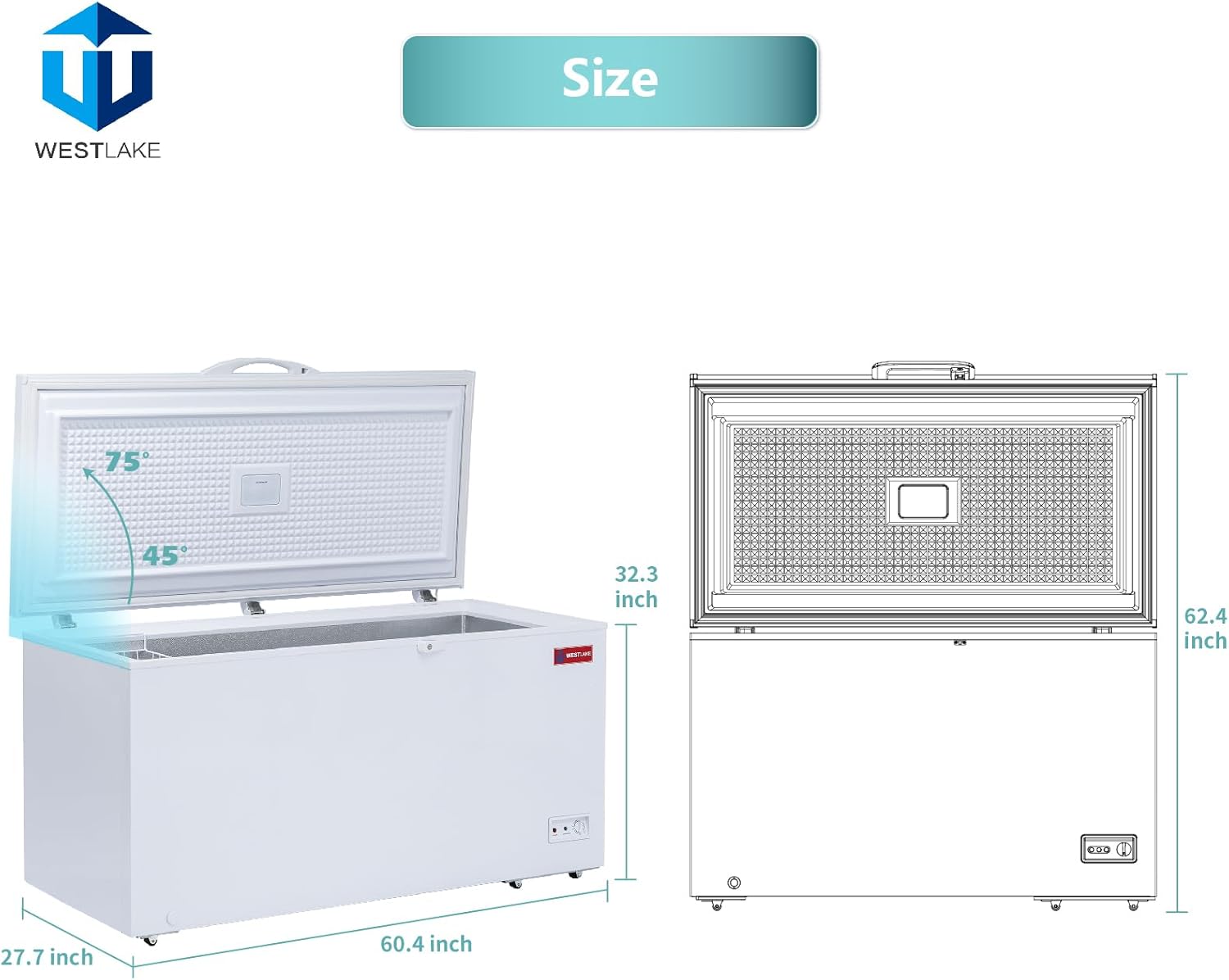 WESTLAKE Commercial 15 Cu.Ft Chest Freezer Deep Freezer | ETL Listed, DOE & Energy Star, Manual Defrost, Convertible Thermostat, Lock & Basket, for Restaurant Garage Store