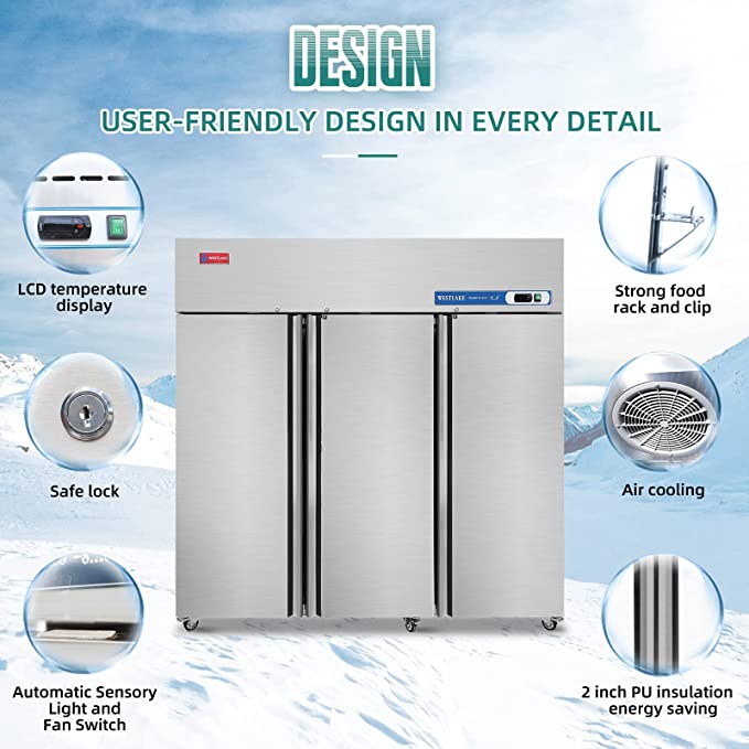 WESTLAKE Commercial Freezer 72" 3-Door 54 Cu.ft Stainless Steel | Embraco ETL DOE Reach-In for Restaurant