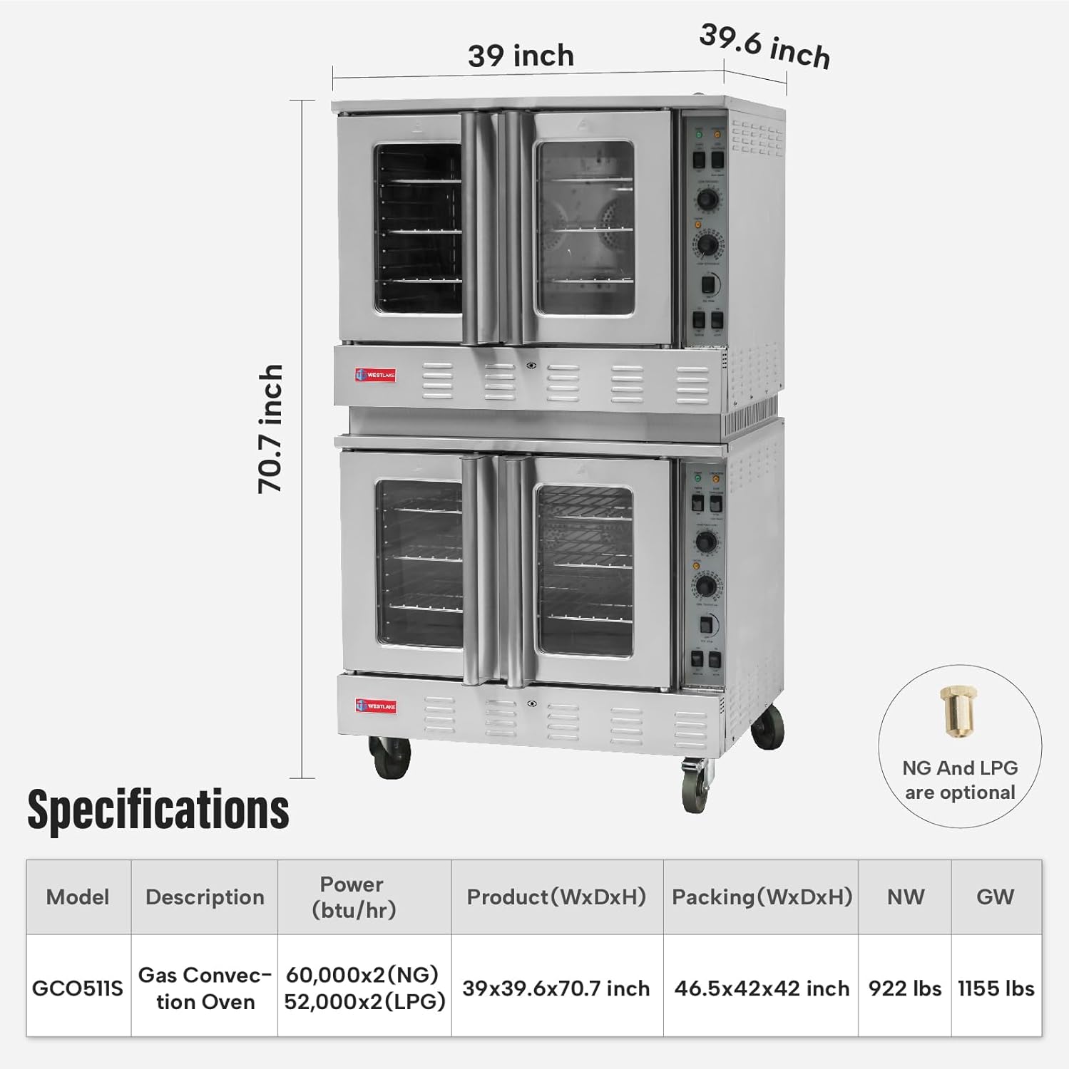 WESTLAKE Commercial Gas Convection Oven 39" Double Deck Full Size 120,000 BTU Stainless Steel | ETL Certified for Restaurant