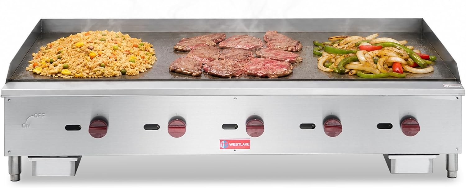 WESTLAKE Commercial Gas Griddle 60" 5-Burner 150,000 BTU Stainless Steel | Countertop Plate Grill for Restaurant