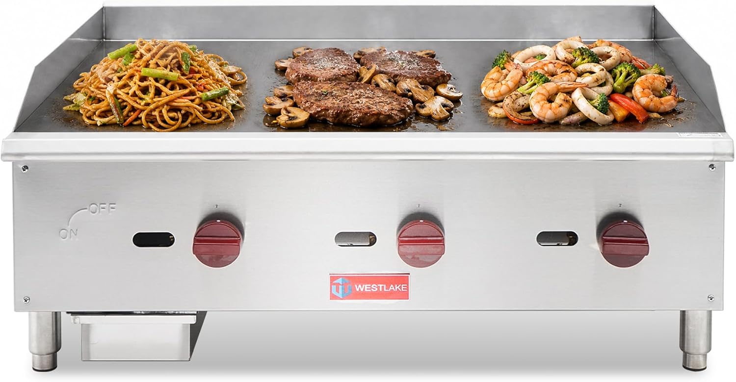 WESTLAKE Commercial Gas Griddle 36" 3-Burner 90,000 BTU Stainless Steel | Countertop Plate Grill for Restaurant