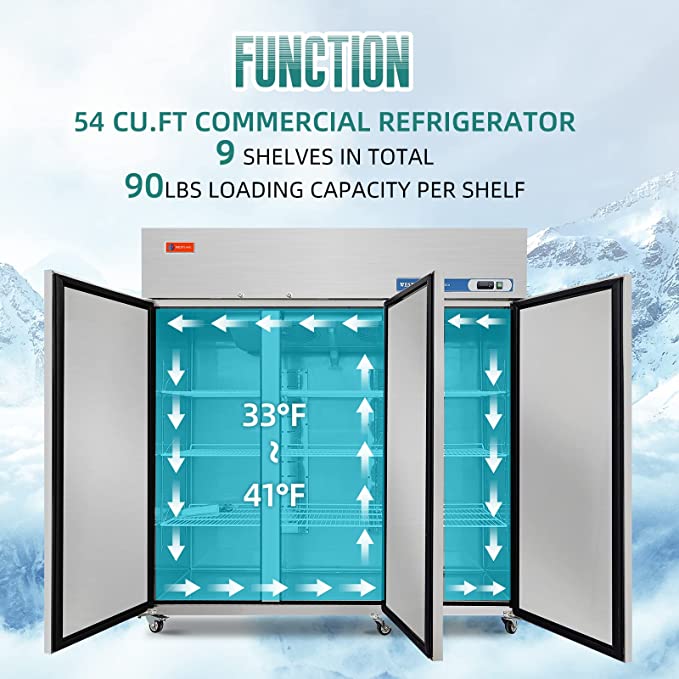 WESTLAKE Commercial Refrigerator 72" 3-Door 54 Cu.ft Stainless Steel | Cubigel ETL DOE Energy Reach-In for Restaurant