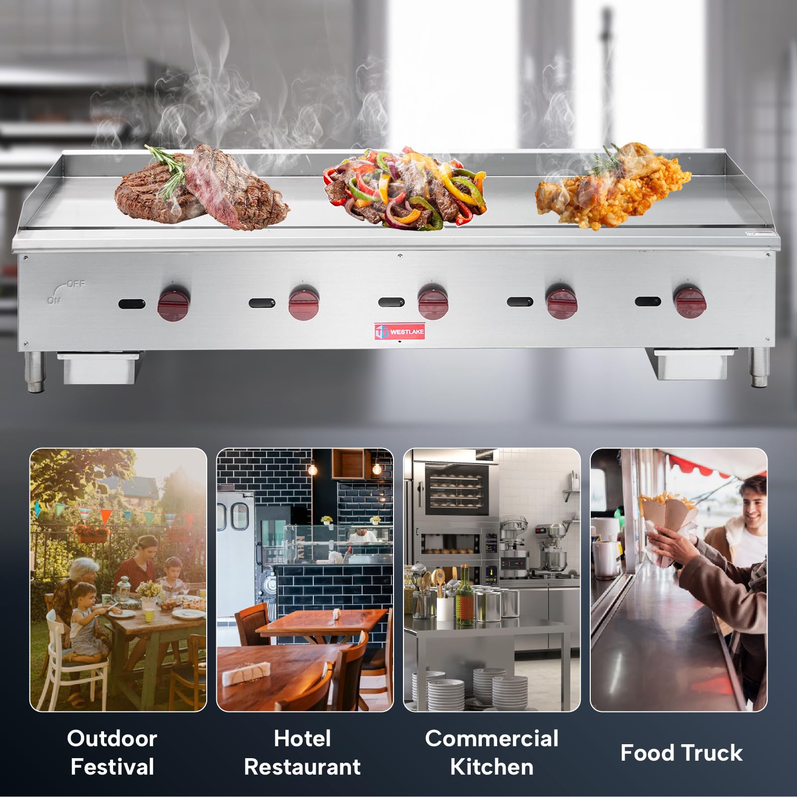 WESTLAKE Commercial Gas Griddle 60" 5-Burner 150,000 BTU Stainless Steel | Countertop Plate Grill for Restaurant