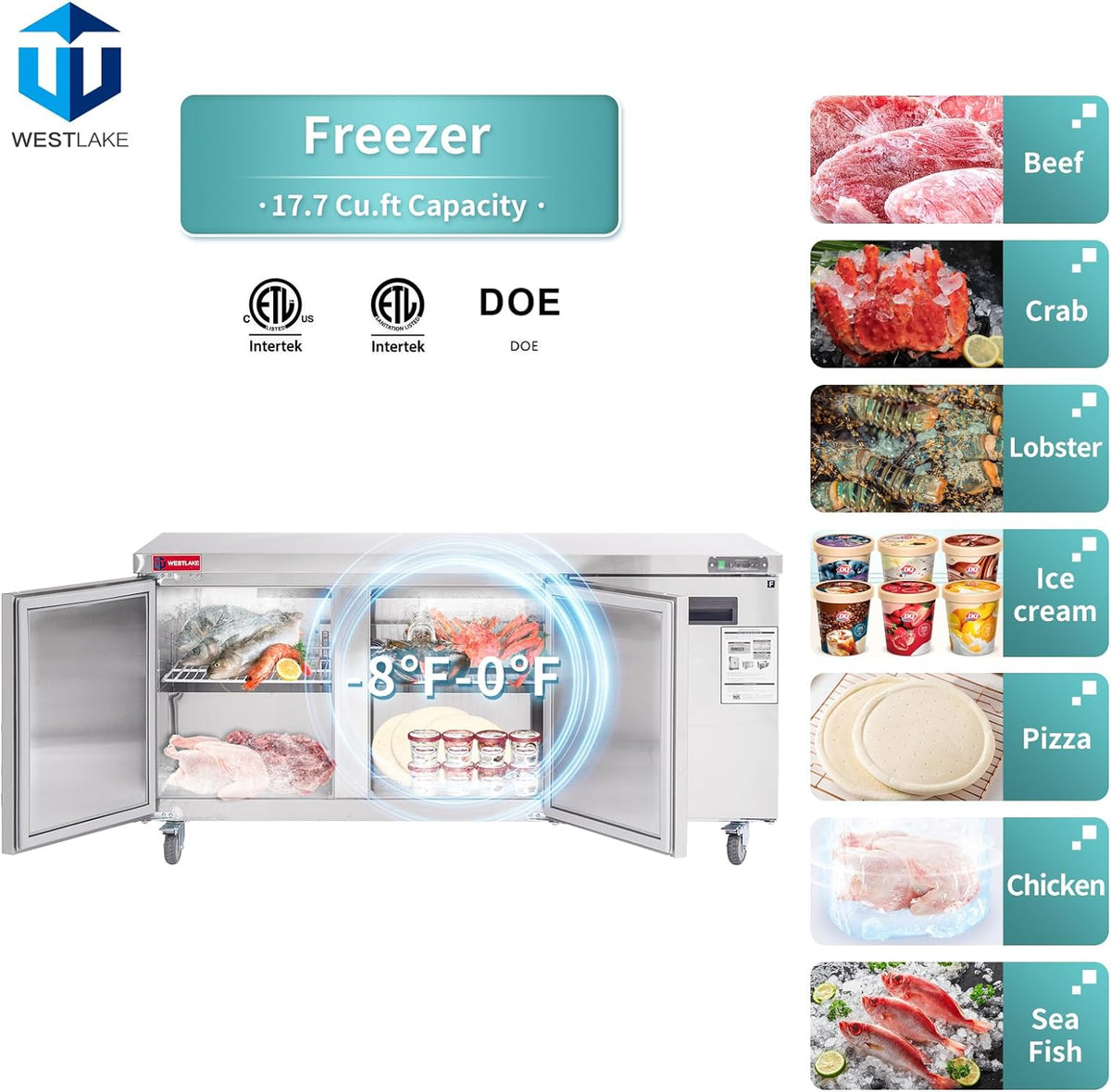 Commercial Undercounter Freezer, WESTLAKE 72" Three Door Stainless Steel Lowboy Worktop Freezer 17.7 Cu.ft