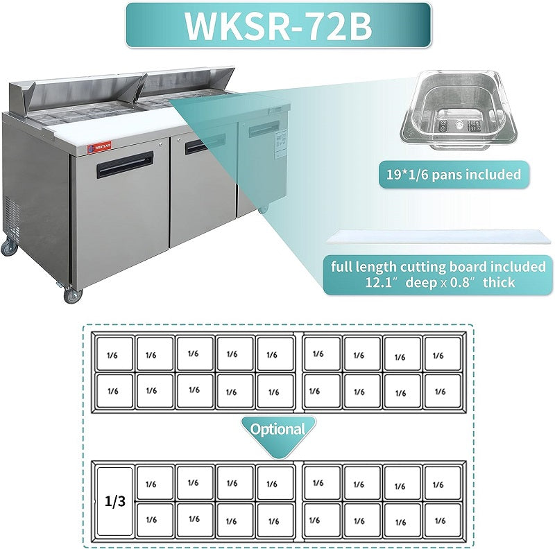 WESTLAKE Commercial Prep Table 72" 3-Door 20 Cu.ft Stainless Steel | Cubigel ETL Sandwich Salad Refrigerator for Restaurant