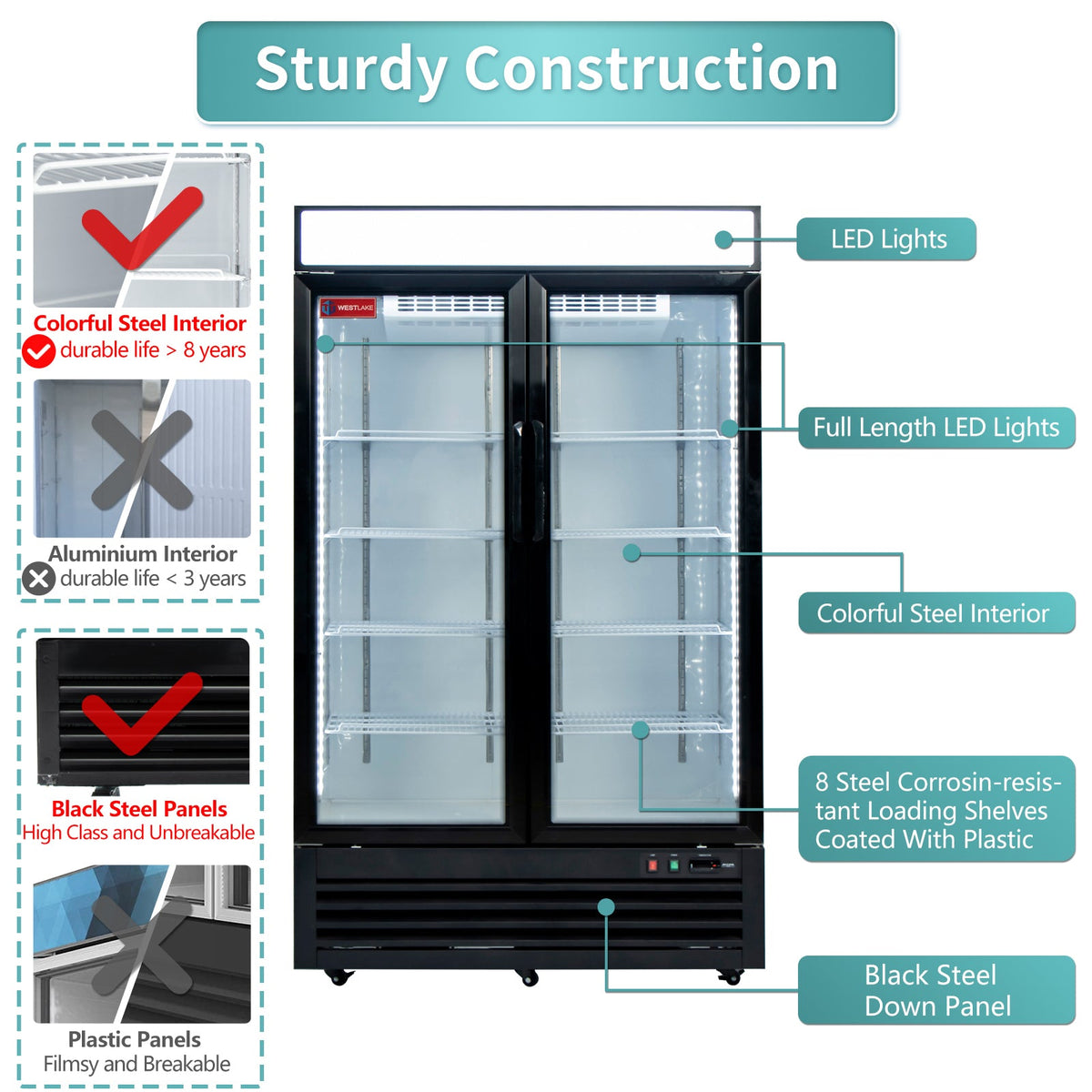 WESTLAKE Commercial Refrigerator Merchandiser 48" 2-Glass Door 36 Cu.ft Stainless Steel | Cubigel Display Cooler Reach-In for Restaurant