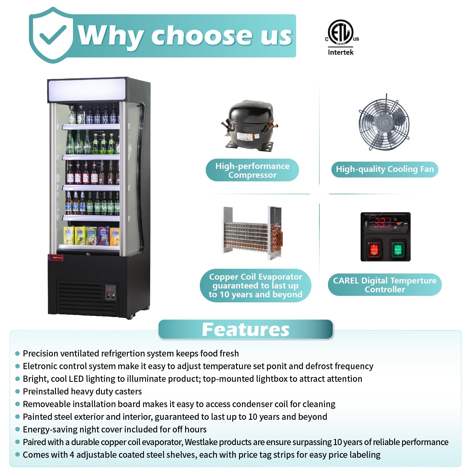 WESTLAKE Commercial Open Air Merchandiser 28"W | Black Refrigerated Display Cooler with Air Curtain for Restaurant