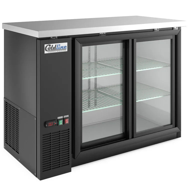Coldline CBB-48G-SL Coldline CBB-48G-SL 48” Refrigerated Narrow Black Sliding Glass Door Back Bar Cooler commercial restauran