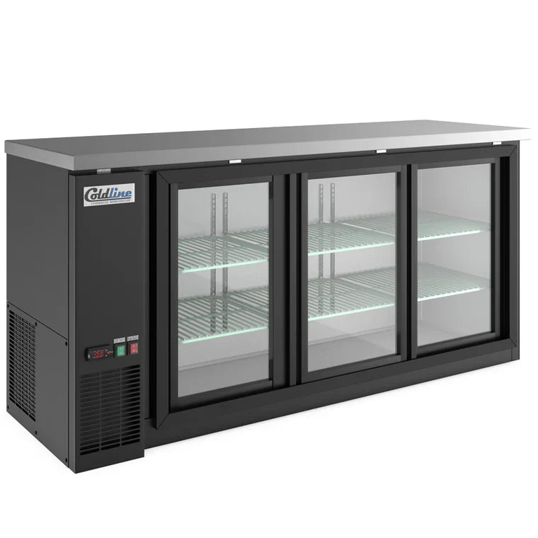 Coldline CBB-72G-SL Coldline CBB-72G-SL 72” Refrigerated Narrow Black Sliding Glass Door Back Bar Cooler commercial restauran
