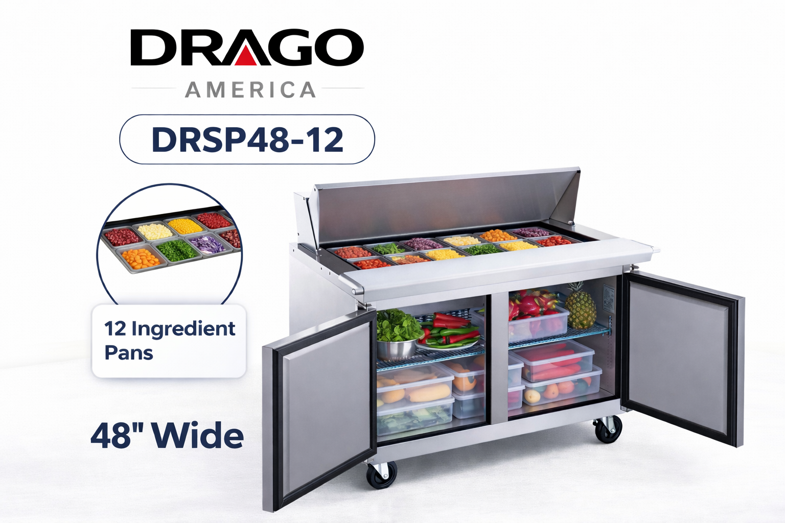 Drago America DRSP48-12 46" Refrigerated Sandwich/Salad Prep Table 12 pans