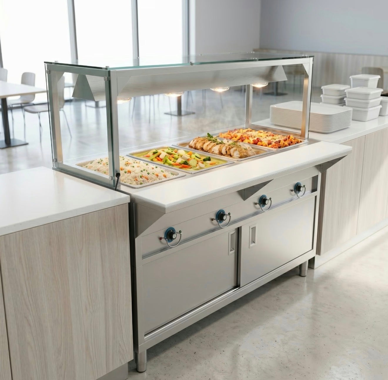 Prepline 60" Four Pan Sealed Well Electric Hot Food Steam Table with Lighted Sneeze Guard and Enclosed Base - 110V