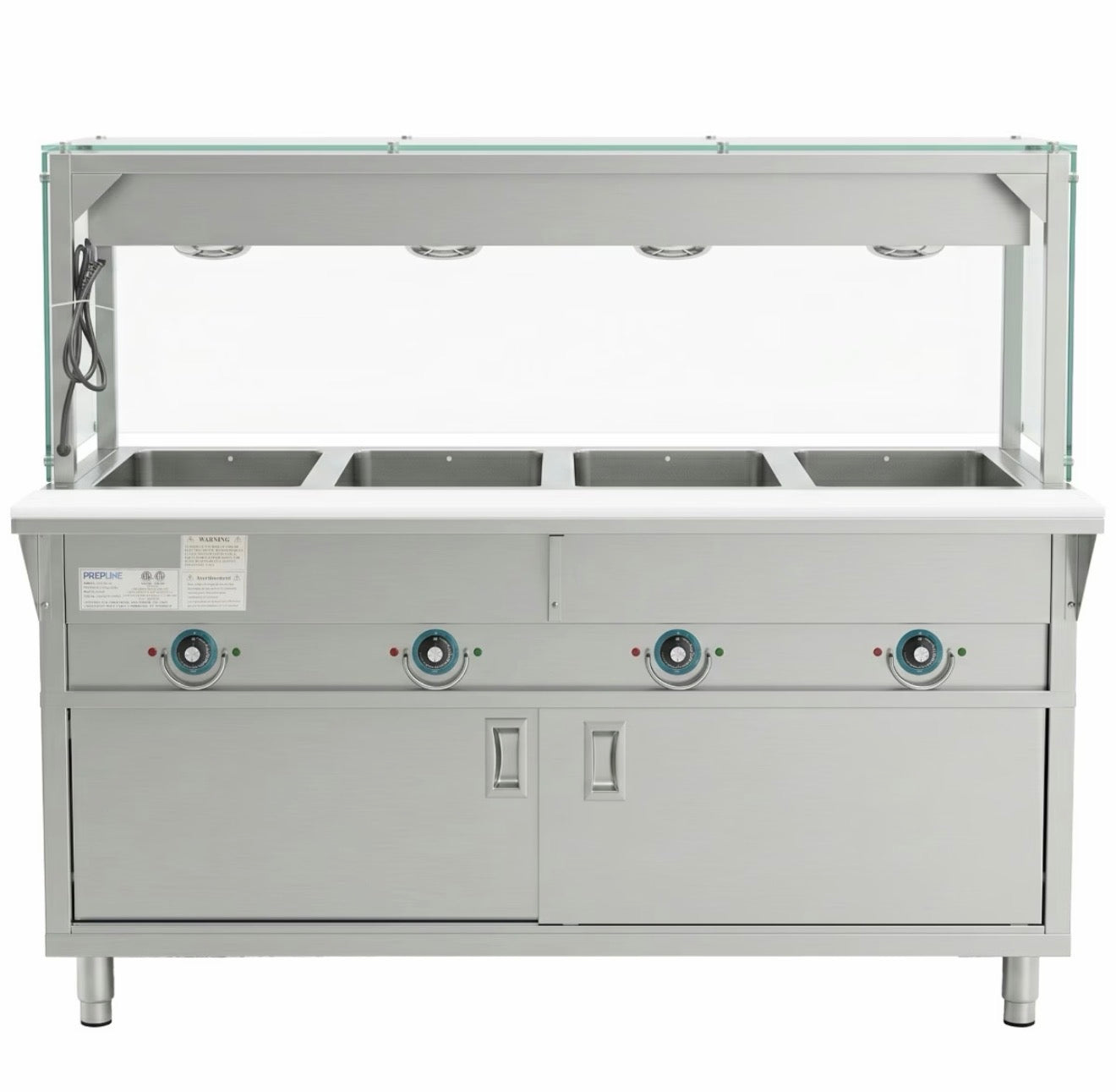 Prepline 60" Four Pan Sealed Well Electric Hot Food Steam Table with Lighted Sneeze Guard and Enclosed Base - 110V