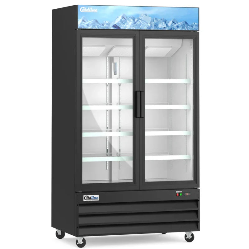 Coldline G48-B Coldline G48-B 48” Double Glass Swing Door Merchandising Refrigerator - Black commercial restaurant equipment