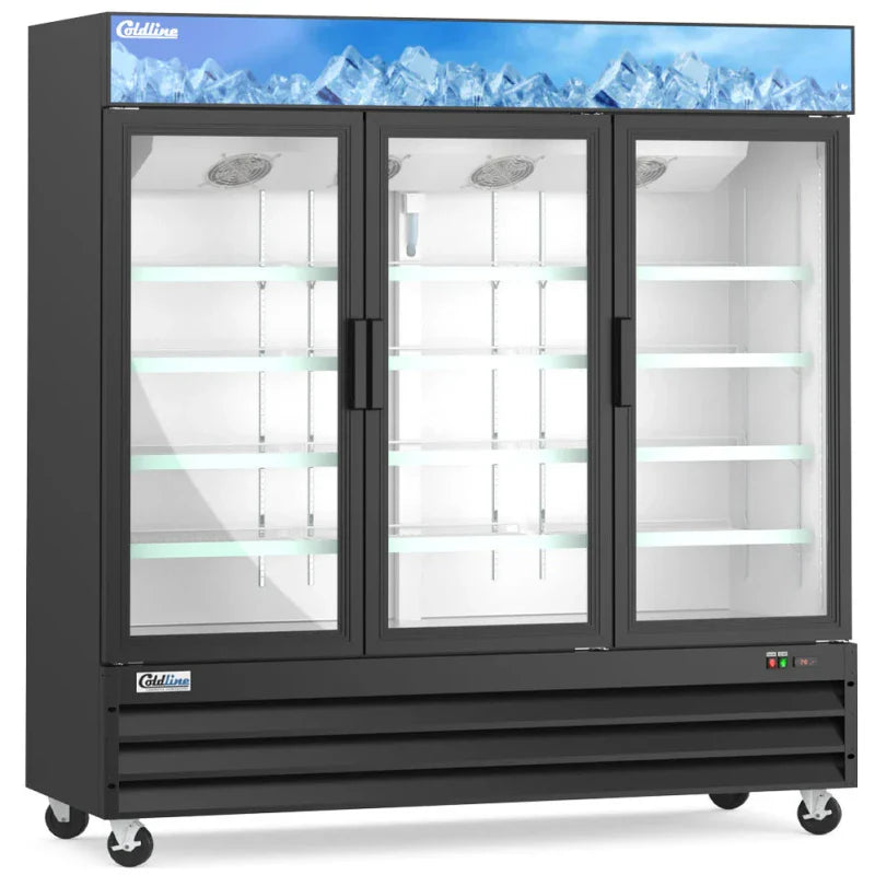Coldline G80-B Coldline G80-B 78” Triple Glass Swing Door Merchandising Refrigerator - Black commercial restaurant equipment