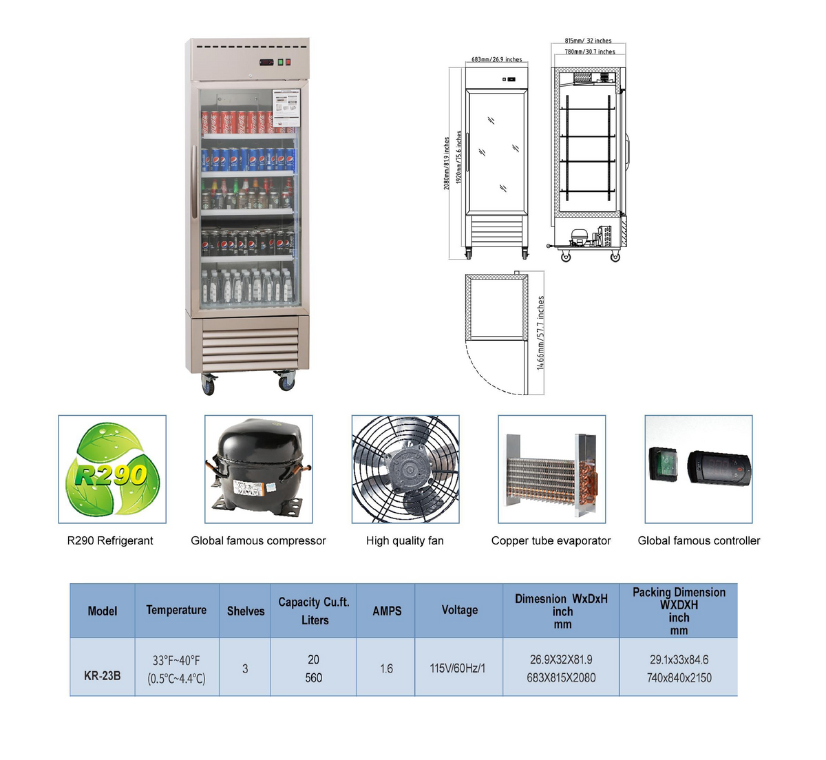 WESTLAKE Commercial Refrigerator Merchandiser 27" 1-Glass Door 23 Cu.ft Stainless Steel | R290 ETL NSF DOE Reach-In for Restaurant