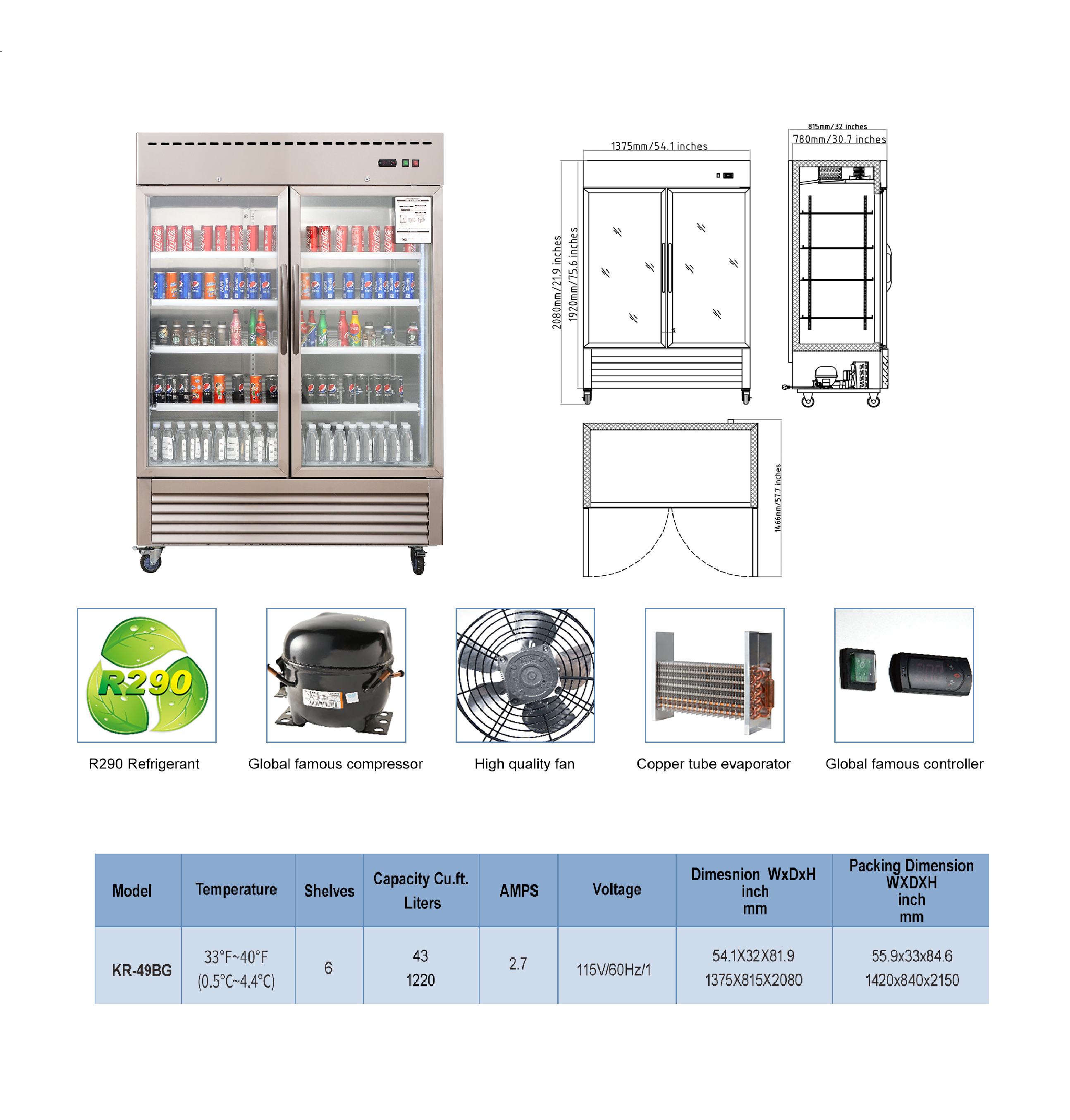 WESTLAKE Commercial Refrigerator Merchandiser 48" 2-Glass Door 49 Cu.ft Stainless Steel | R290 Embraco ETL NSF Reach-In for Restaurant