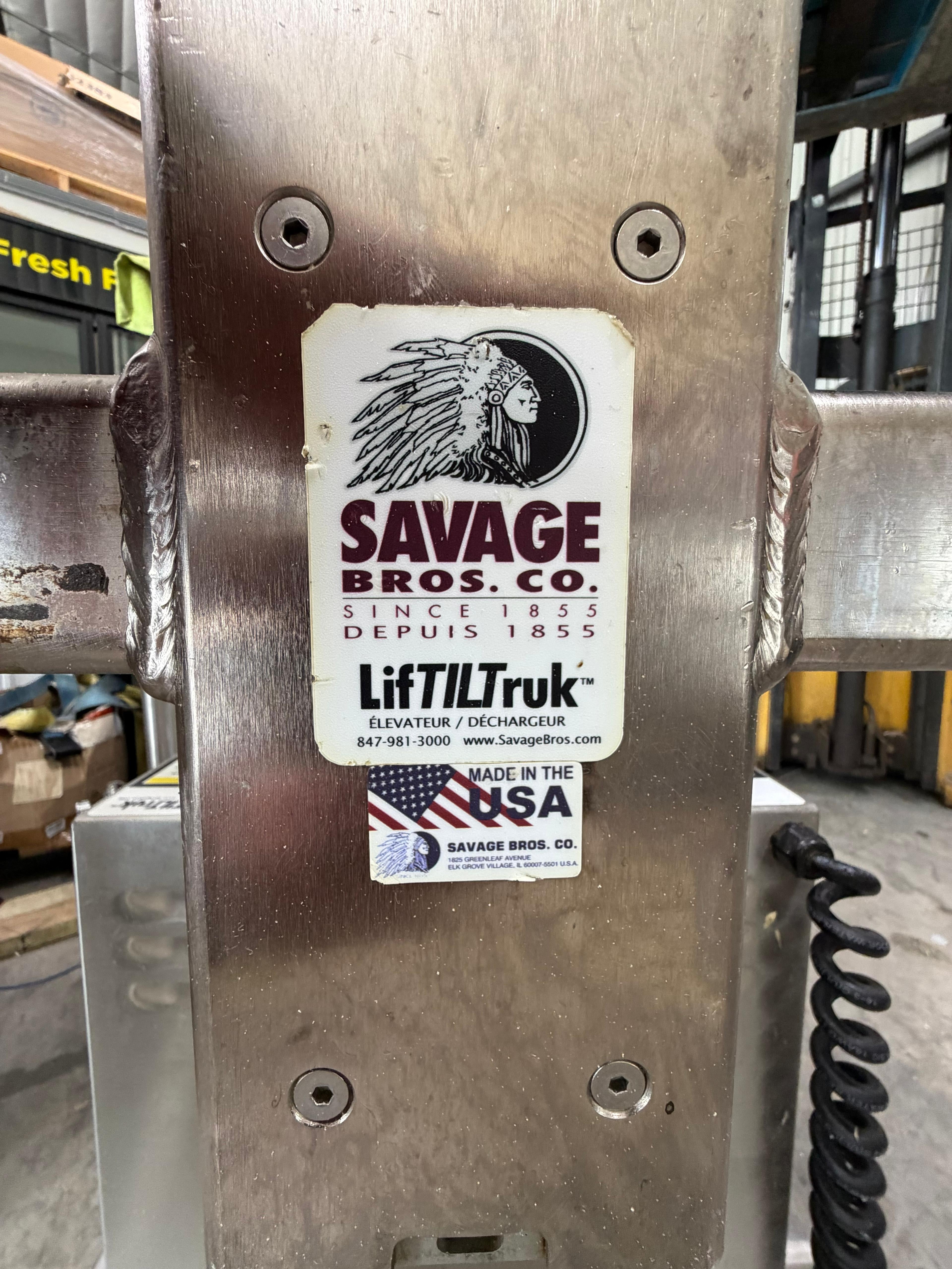 Savage Bros LiftTruk identification label on 0712SS hydraulic bowl lift