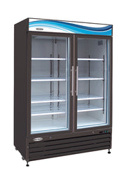 Two-door commercial freezer with glass doors on a white background