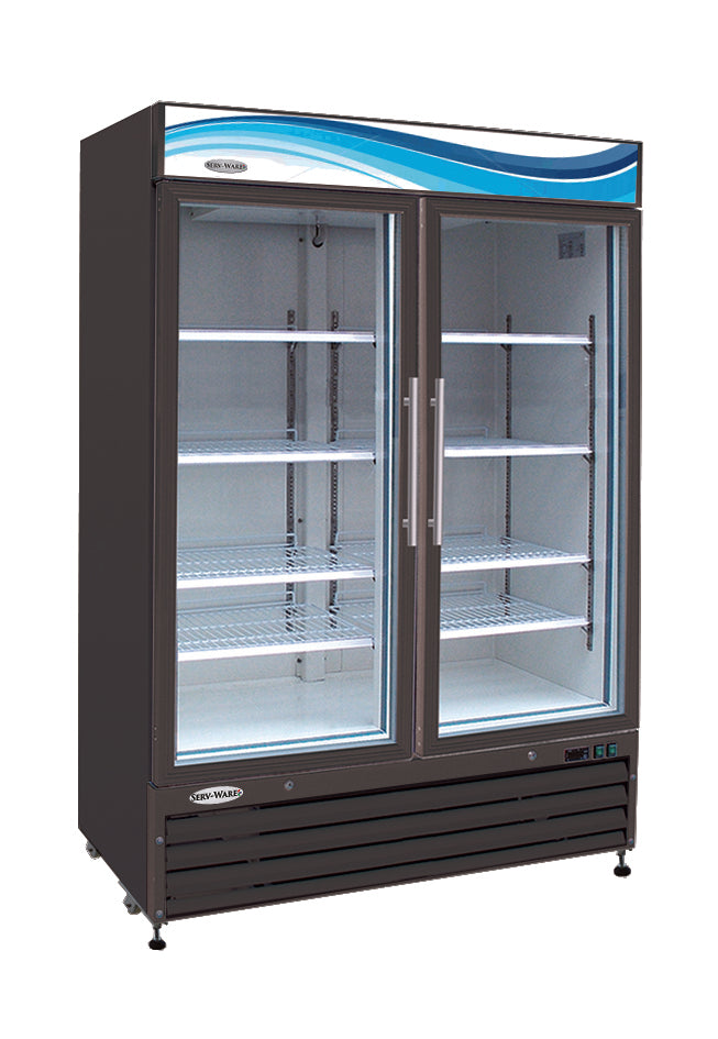 Two-door commercial freezer with glass doors on a white background