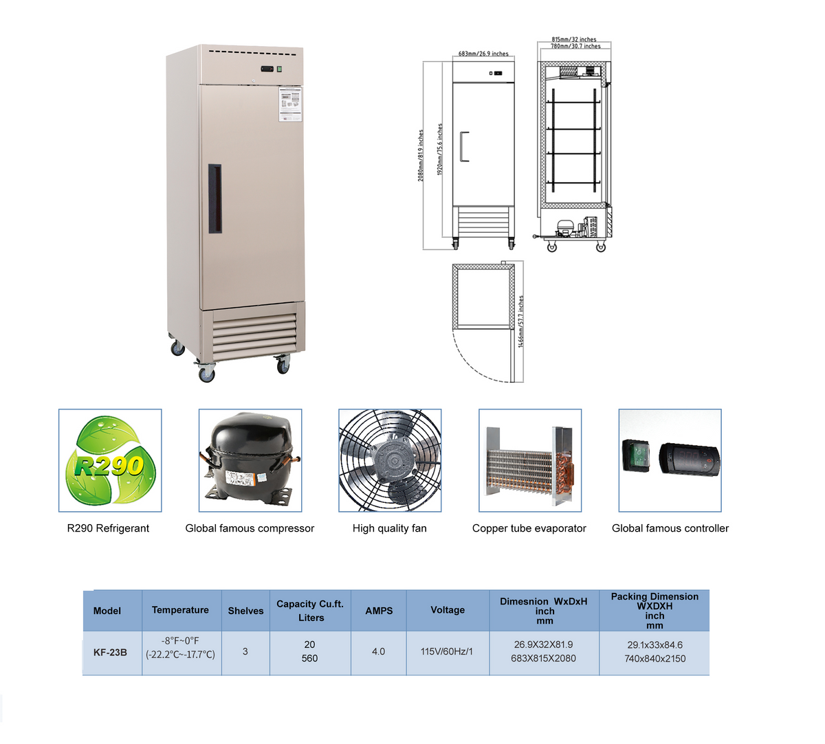 WESTLAKE Commercial Freezer 27" 1-Door 23 Cu.ft Stainless Steel | Embraco ETL DOE Reach-In for Restaurant