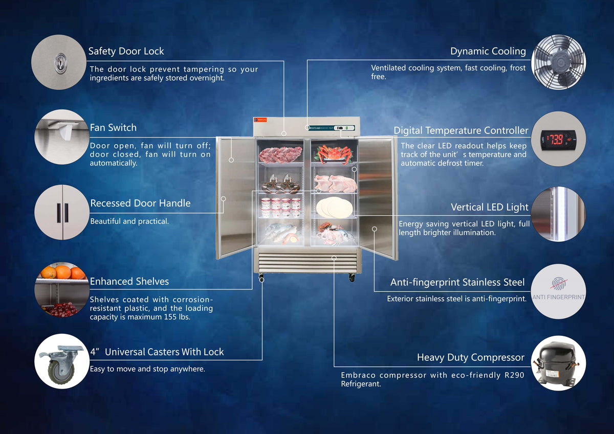WESTLAKE Commercial Freezer 54" 2-Door 49 Cu.ft Stainless Steel | 3/4HP Embraco ETL Reach-In for Restaurant