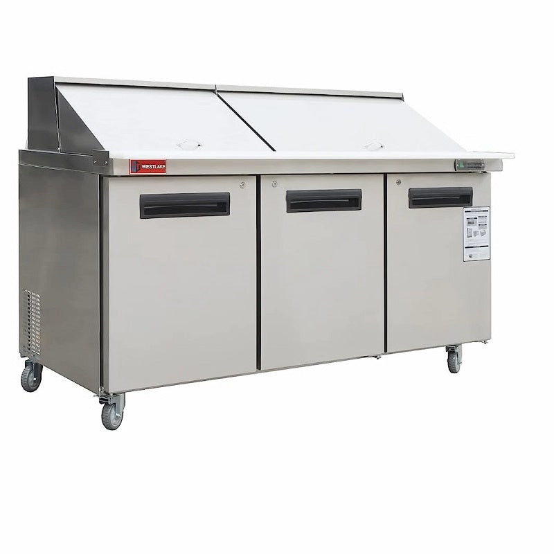 WESTLAKE Commercial Mega Top Prep Table 72" 3-Door 20 Cu.ft Stainless Steel | Embraco ETL Sandwich Salad Refrigerator for Restaurant