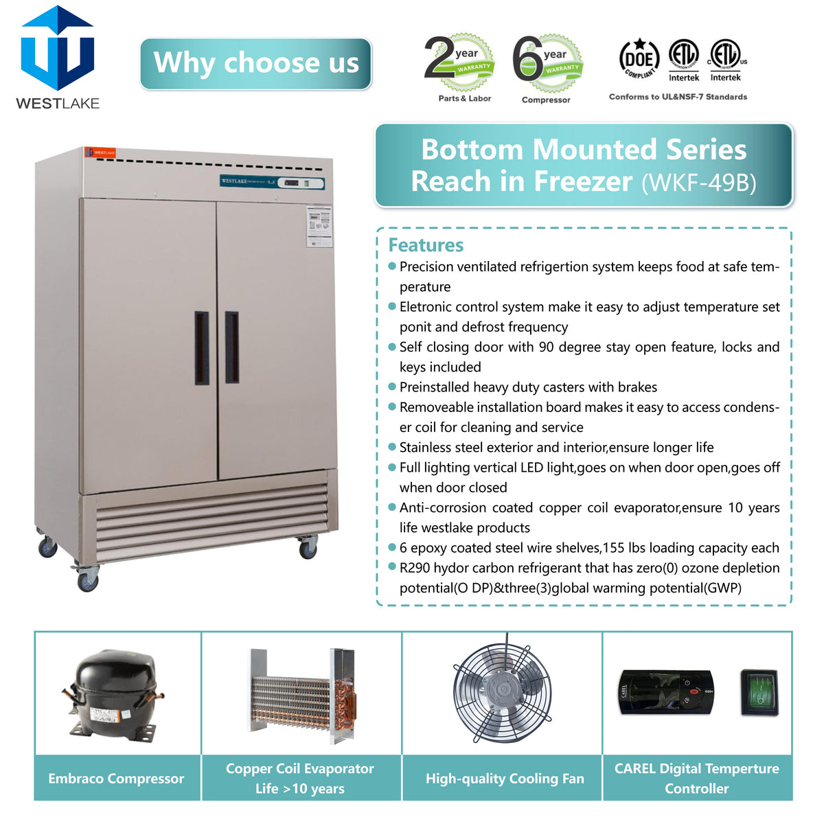 WESTLAKE Commercial Freezer 54" 2-Door 49 Cu.ft Stainless Steel | 3/4HP Embraco ETL Reach-In for Restaurant