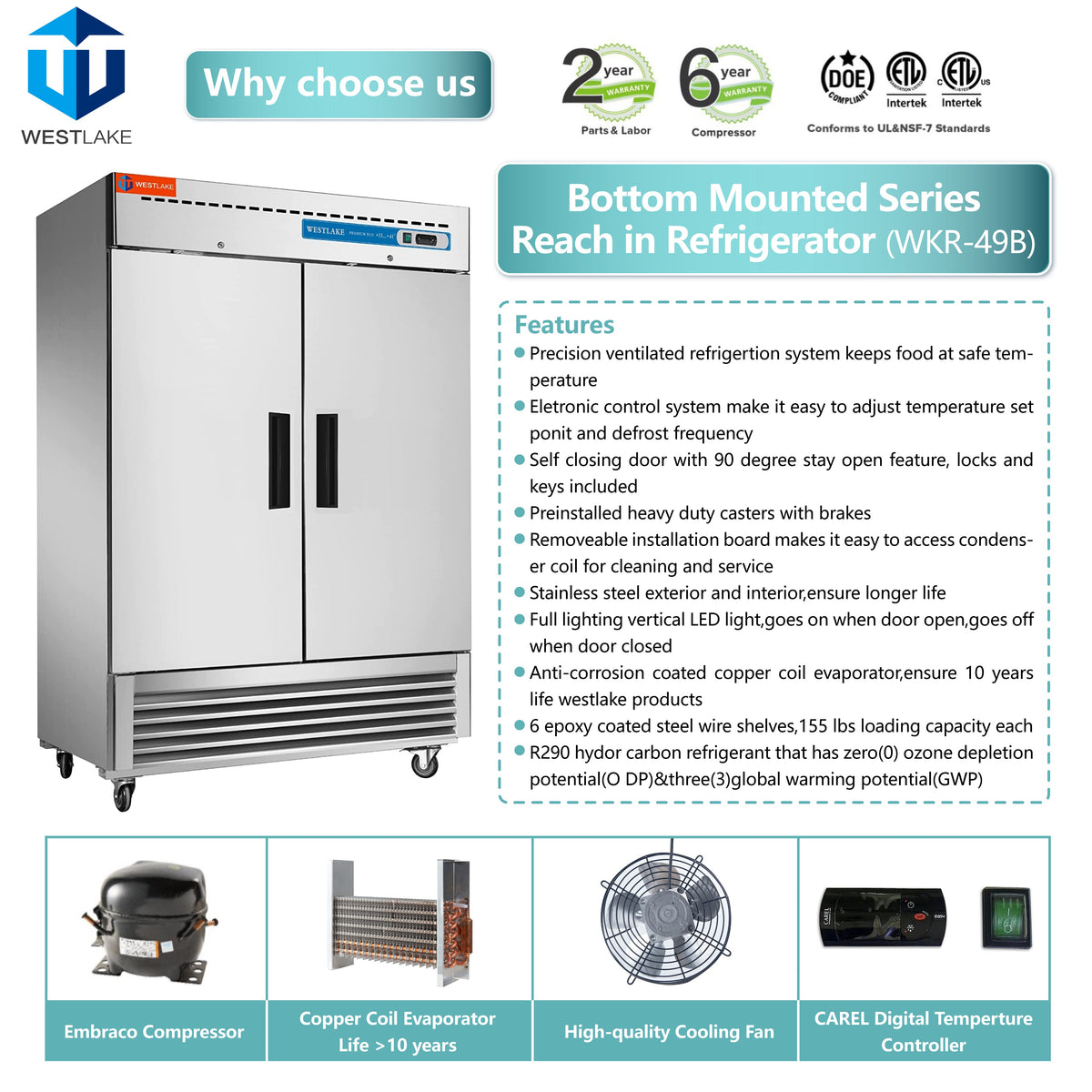 WESTLAKE Commercial Refrigerator 54" 2-Door 49 Cu.ft Stainless Steel | Embraco ETL NSF DOE Triple Certified Reach-In for Restaurant
