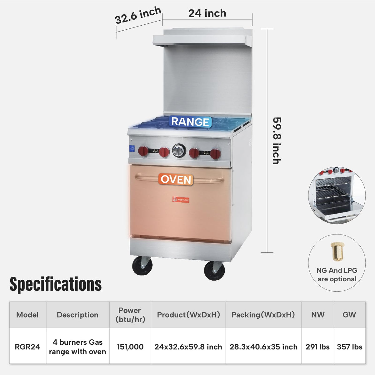 Commercial Gas Range & Stove, WESTLAKE 4 Burner 24" Commercial Gas Range with Standard Oven - 151,000 BTU