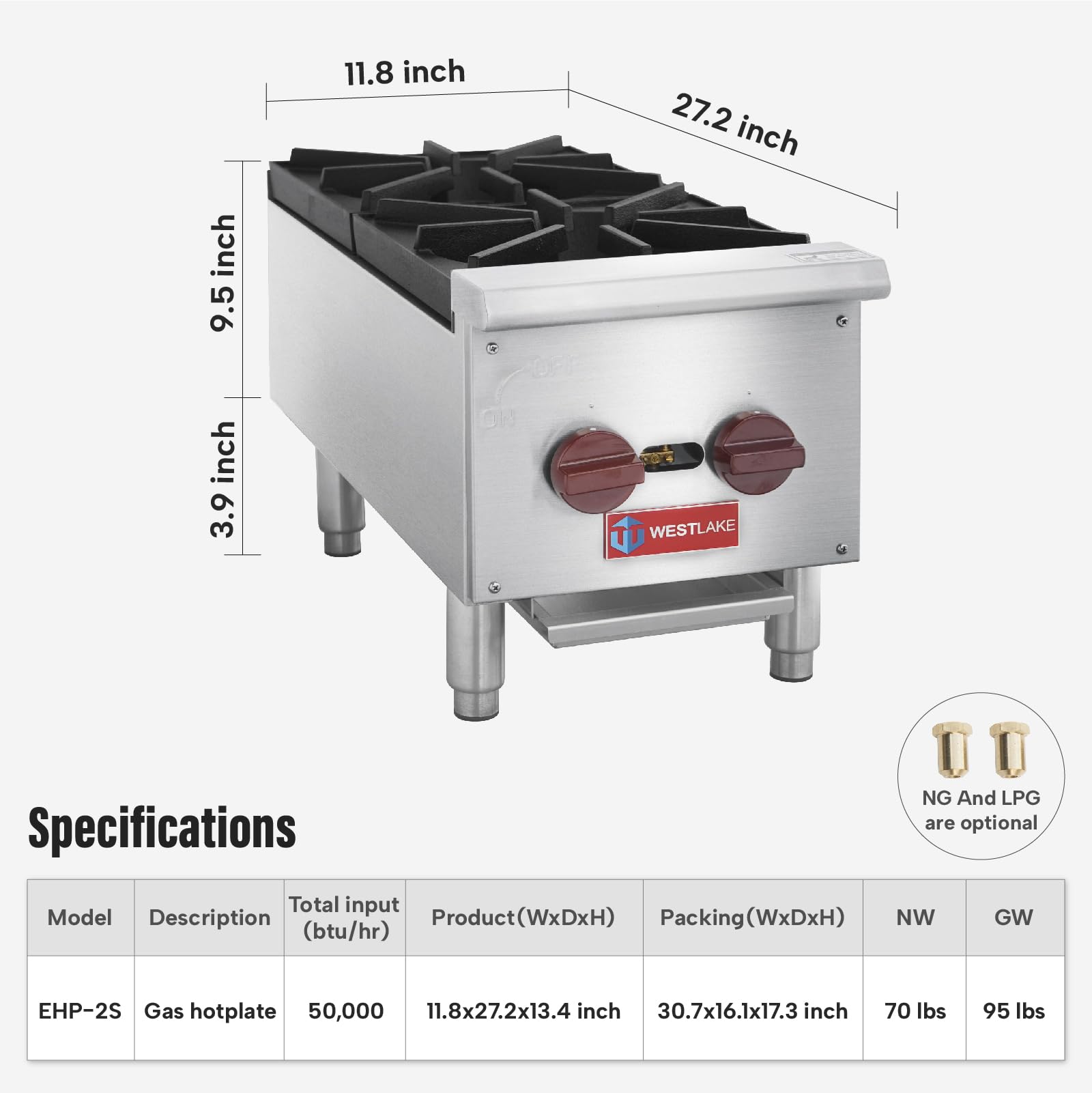 Commercial Hot Plate, WESTLAKE 12" Countertop Gas Range Restaurant 2 Burner Gas Stove with 50,000 BTU