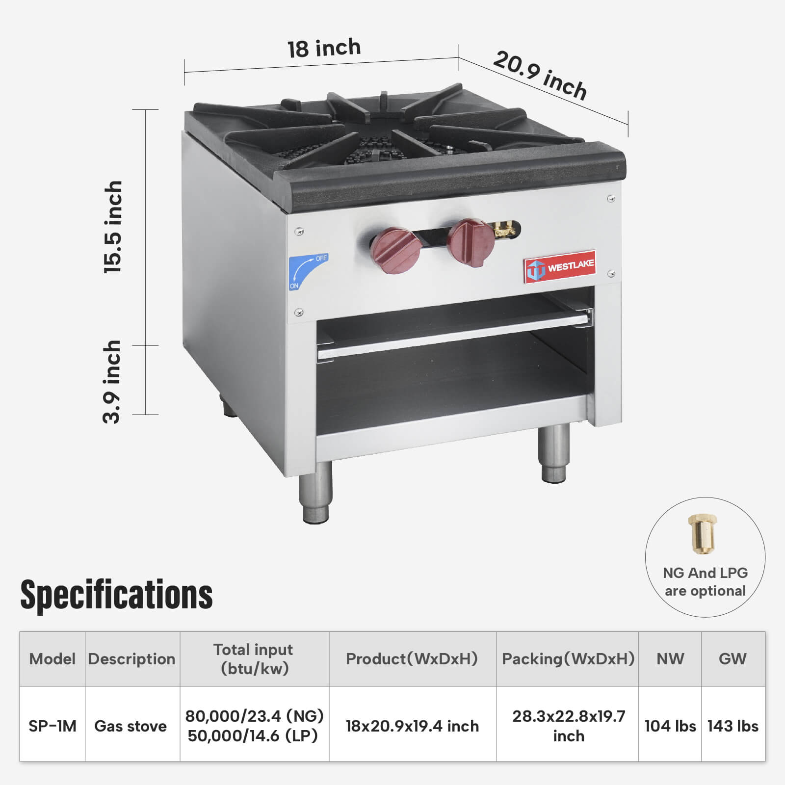 Commercial Stock Pot Range, WESTLAKE 18" Countertop Gas Stock Pot Burner, 1 Burner Stock Pot Stove - 80000 BTU