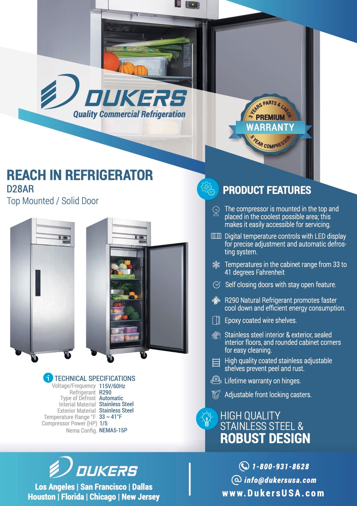 Dukers D28AR Commercial Single Door Top Mount Refrigerator in Stainless Steel