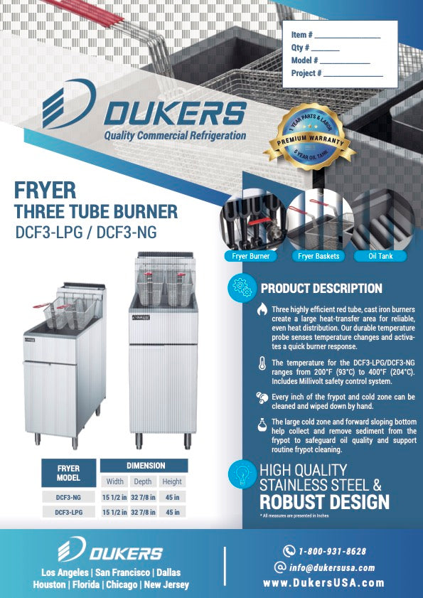 Dukers DCF3-LPG Liquid Propane Gas Fryer with 3 Tube Burners