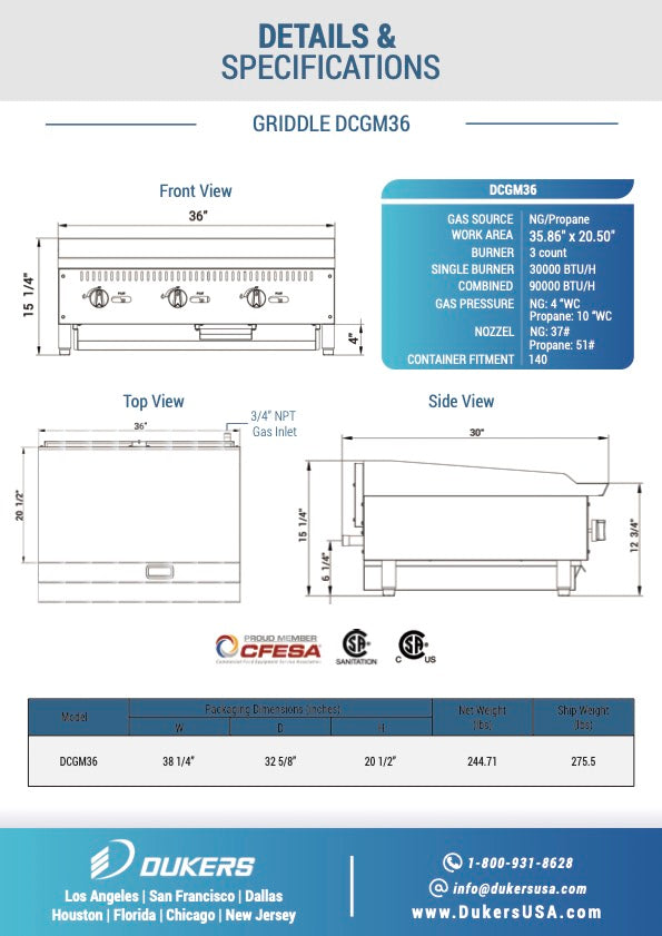 Dukers DCGM36 36 in. W Griddle with 3 Burners