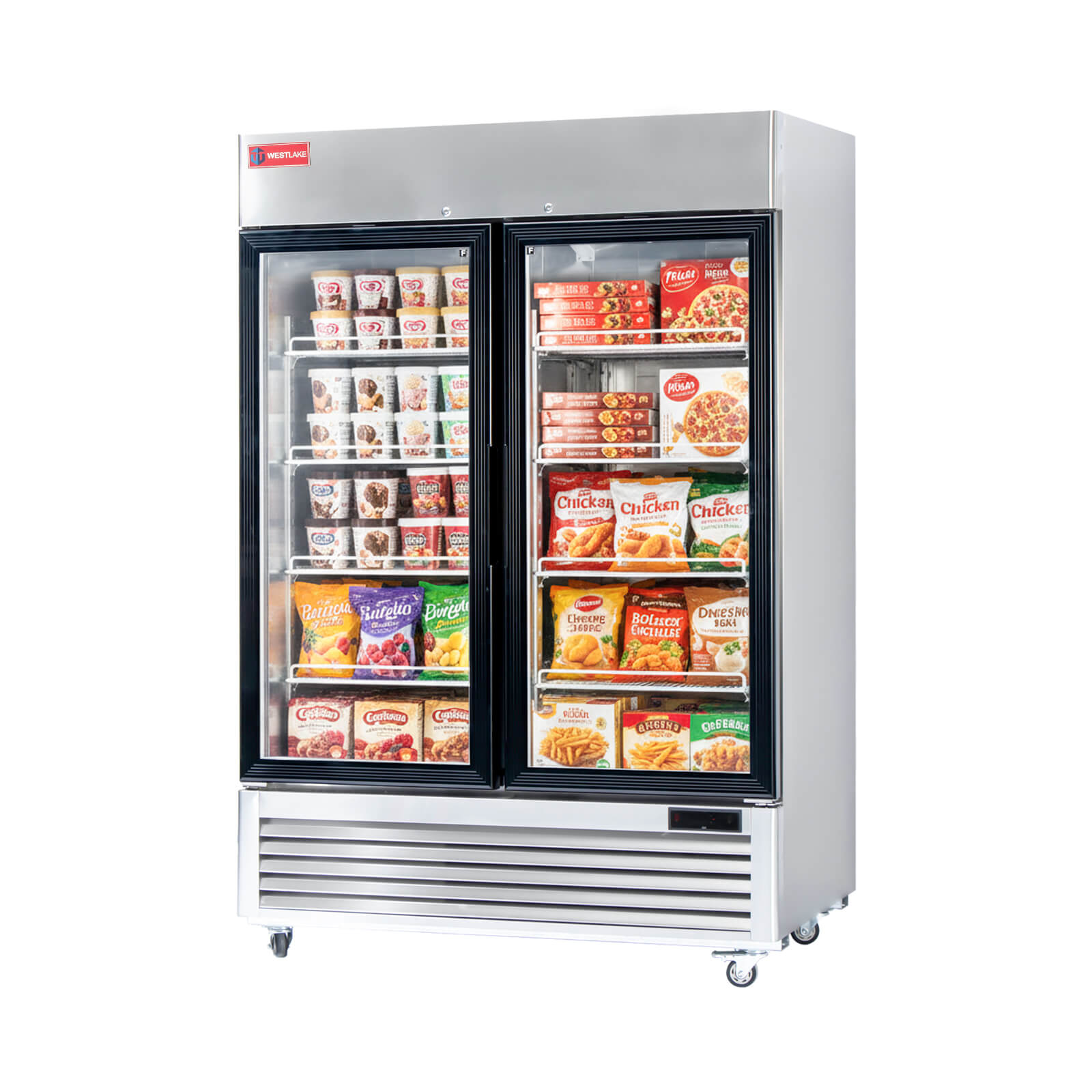 WESTLAKE Commercial Freezer Merchandiser 54" 2-Glass Door 49 Cu.ft Stainless Steel | ETL DOE Reach-In Display for Restaurant