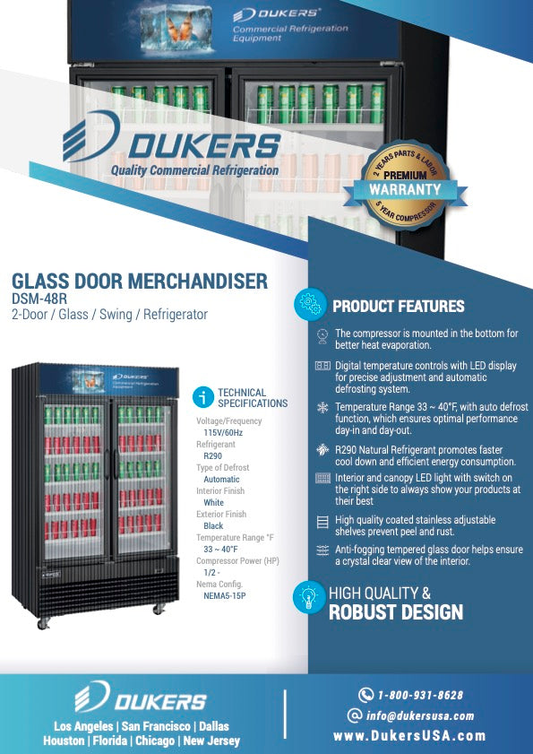 Dukers DSM-48R Commercial Glass Swing 2-Door Merchandiser Refrigerator in Black